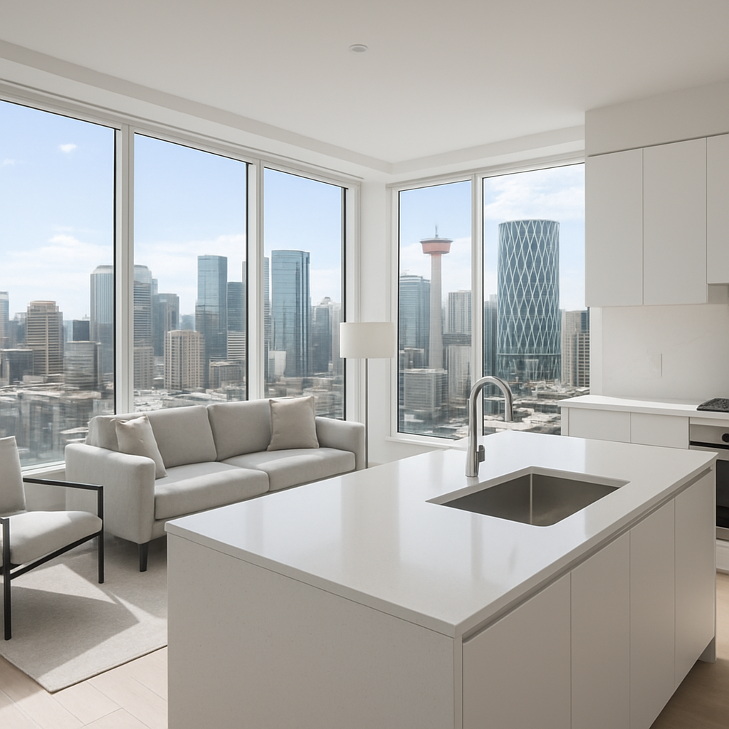 Bright, pristine modern downtown Calgary high-rise apartment interior